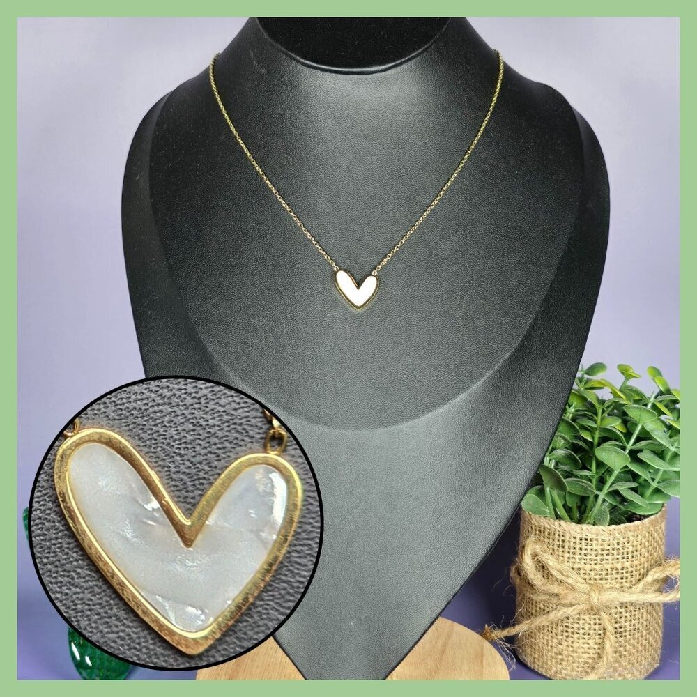Stainless Steel Heart Necklace‎ With Iridescent White Inlay (NWOT)